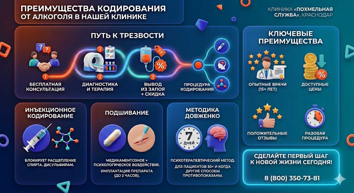 Инфографика о методах кодирования от алкоголя в Нерчинском Заводе: инъекции, подшивание, метод Довженко. Преимущества клиники и этапы лечения.